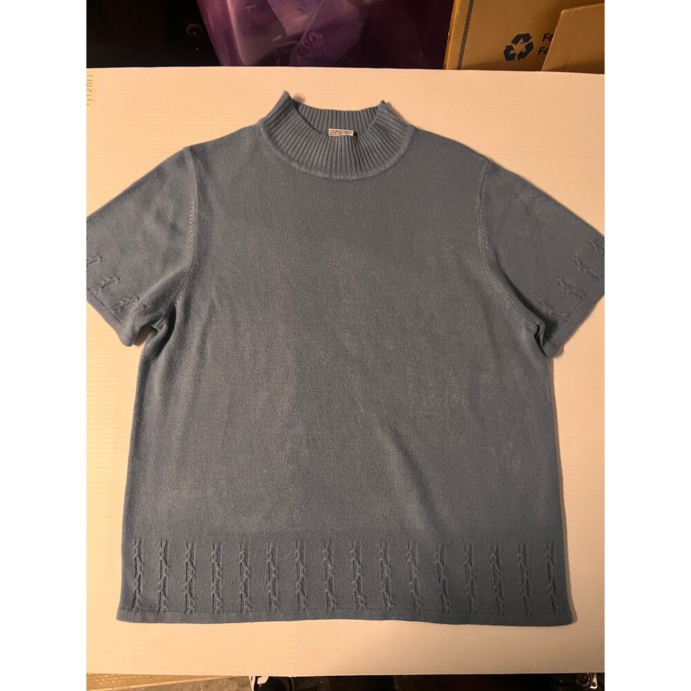 Sag Harbor Petite Blue Short Sleeve Mock‎ Neck Knit Sweater Top Embroidered Trim